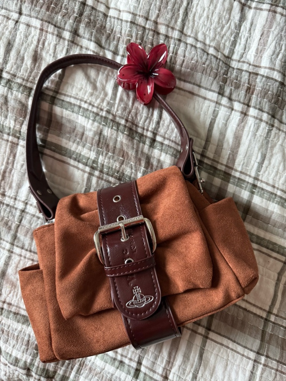 Vivienne Westwood Rust Suede Shoulder Bag with Dark Brown Leather Strap